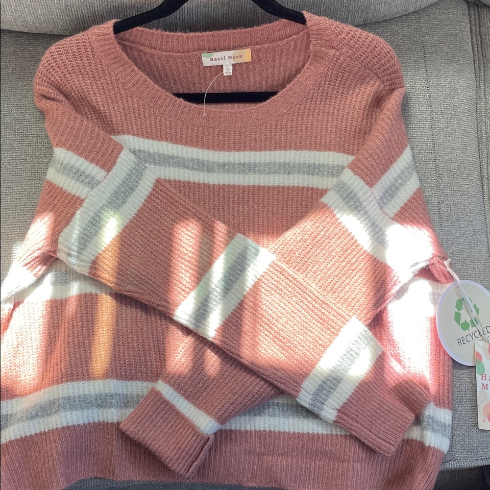 Casual Moon Women's Pink and White Striped Sweater